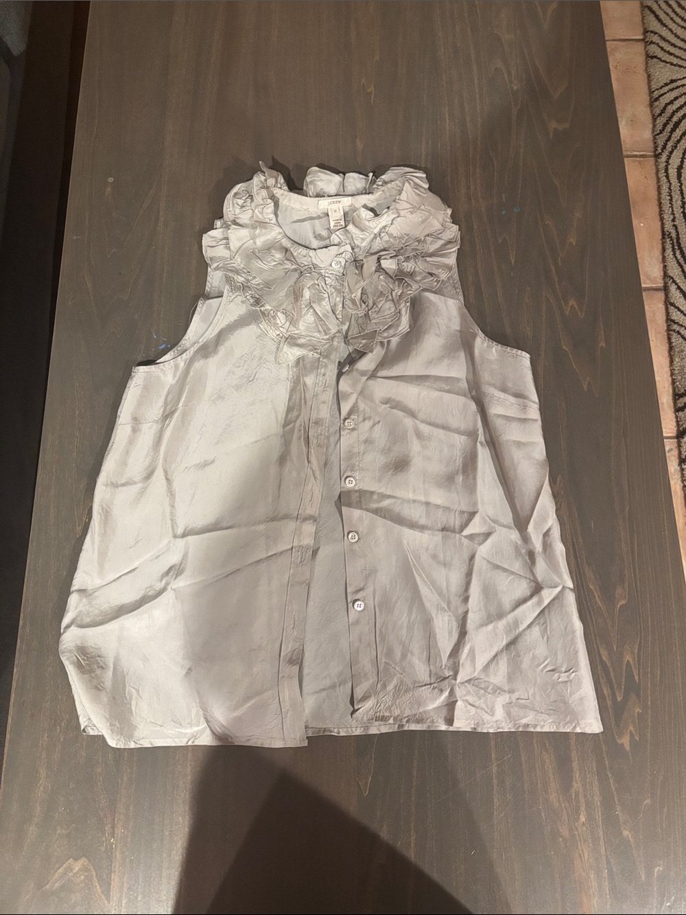 J. Crew Sleeveless Ruffle-Neck Button Front Top - Light Gray